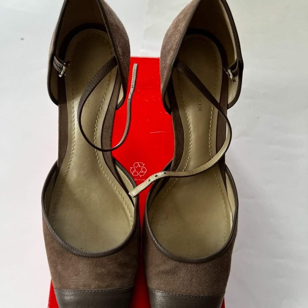 Ann Taylor Gray/Brown Suede Leather Mary Jane Sandal Heel size 8